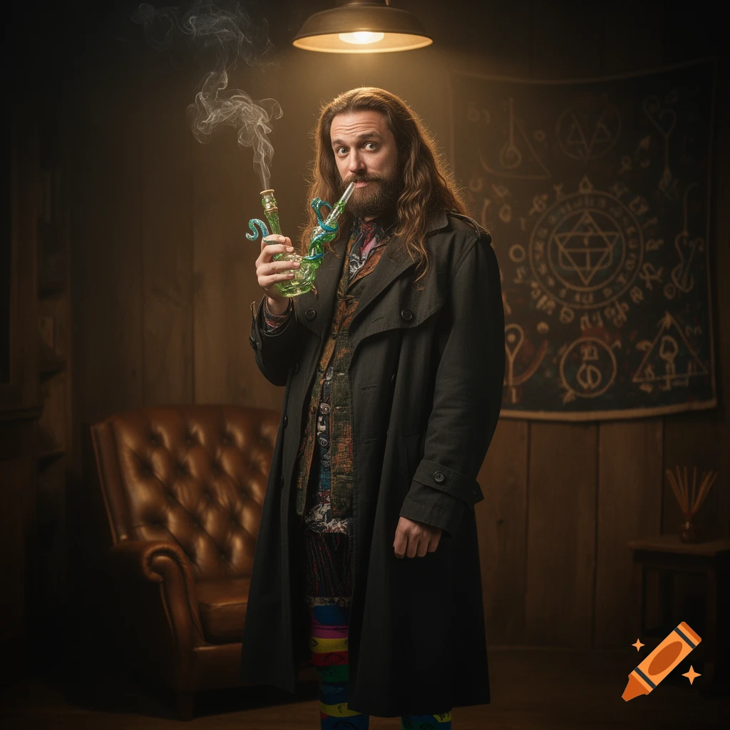 Bearded man in a long coat smokes from a green bong in a dimly lit room with occult symbols.