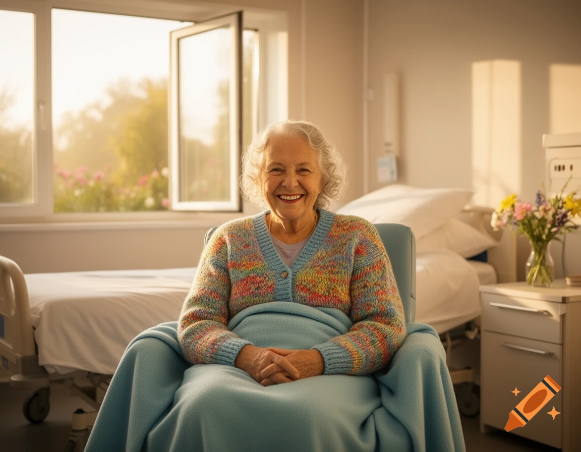 A smiling elderly woman with gray hair sits in a bright hospital room, wrapped in a blue blanket.