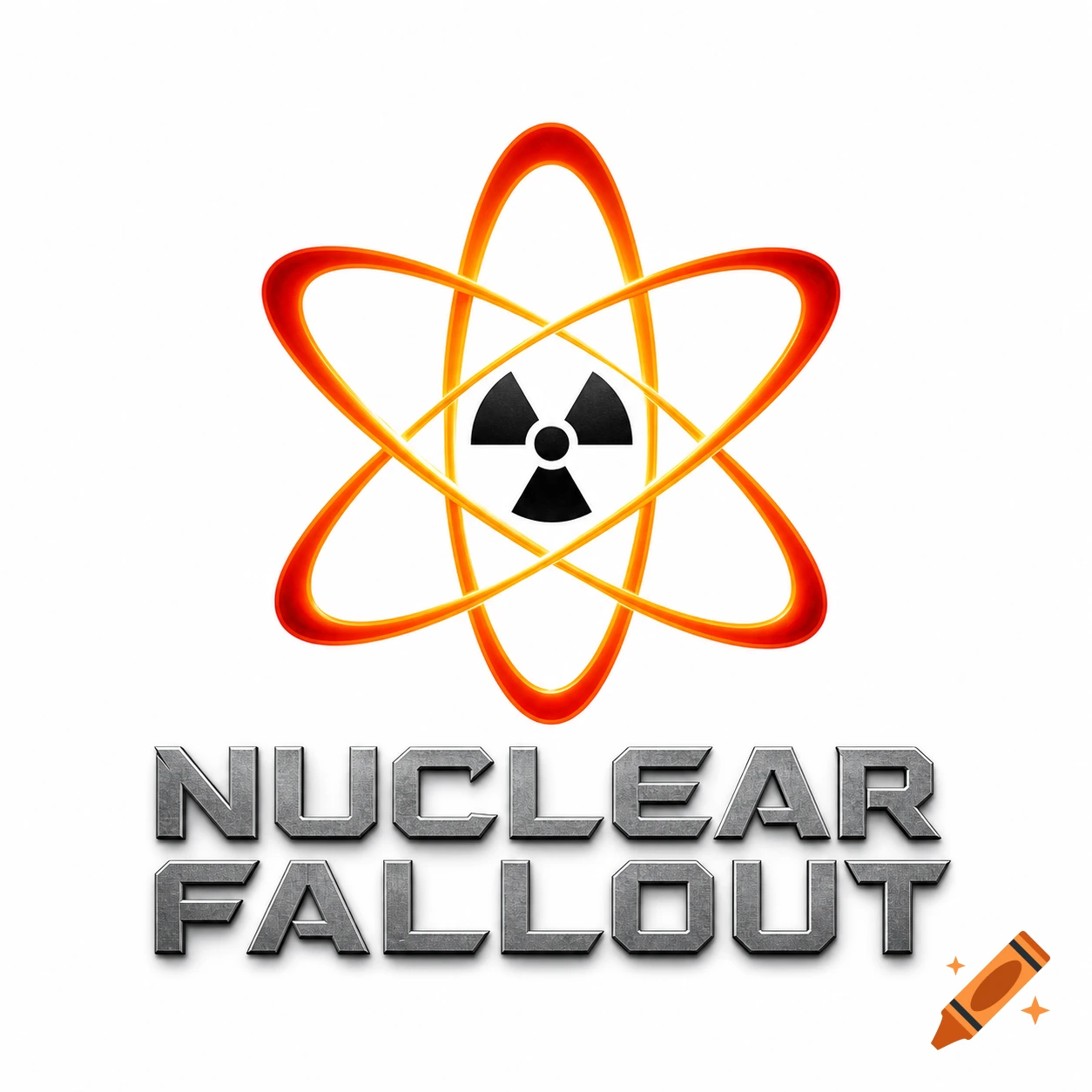 A logo for Nuclear Fallout, featuring a stylized atom with a black radiation symbol and metallic gray text on a white background.