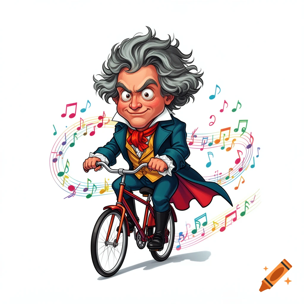 A cartoon of Beethoven with wild gray hair, wearing a suit, riding a red bicycle, surrounded by colorful musical notes.
