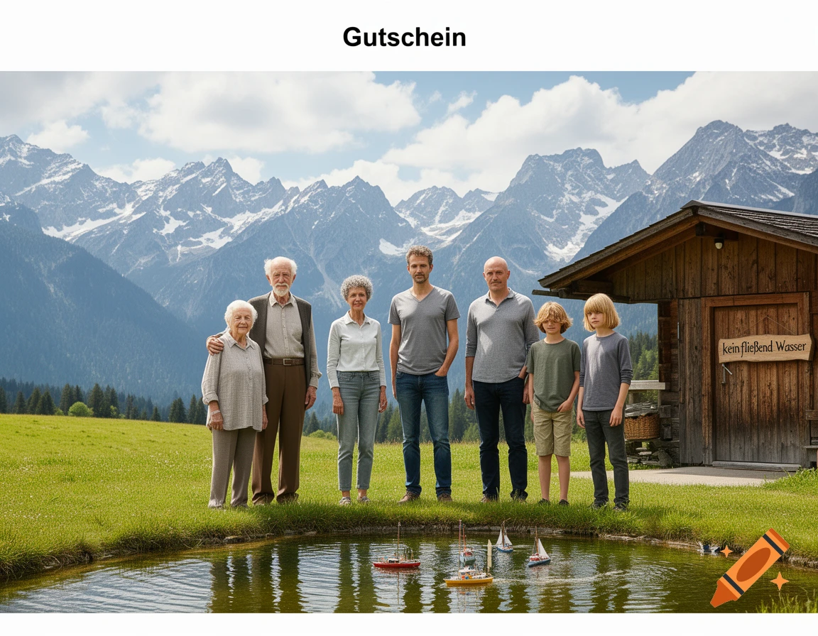 A multi-generational family stands in a grassy field with a pond and toy boats in the foreground, and a wooden cabin and snow-capped mountains in the background, under a blue sky.