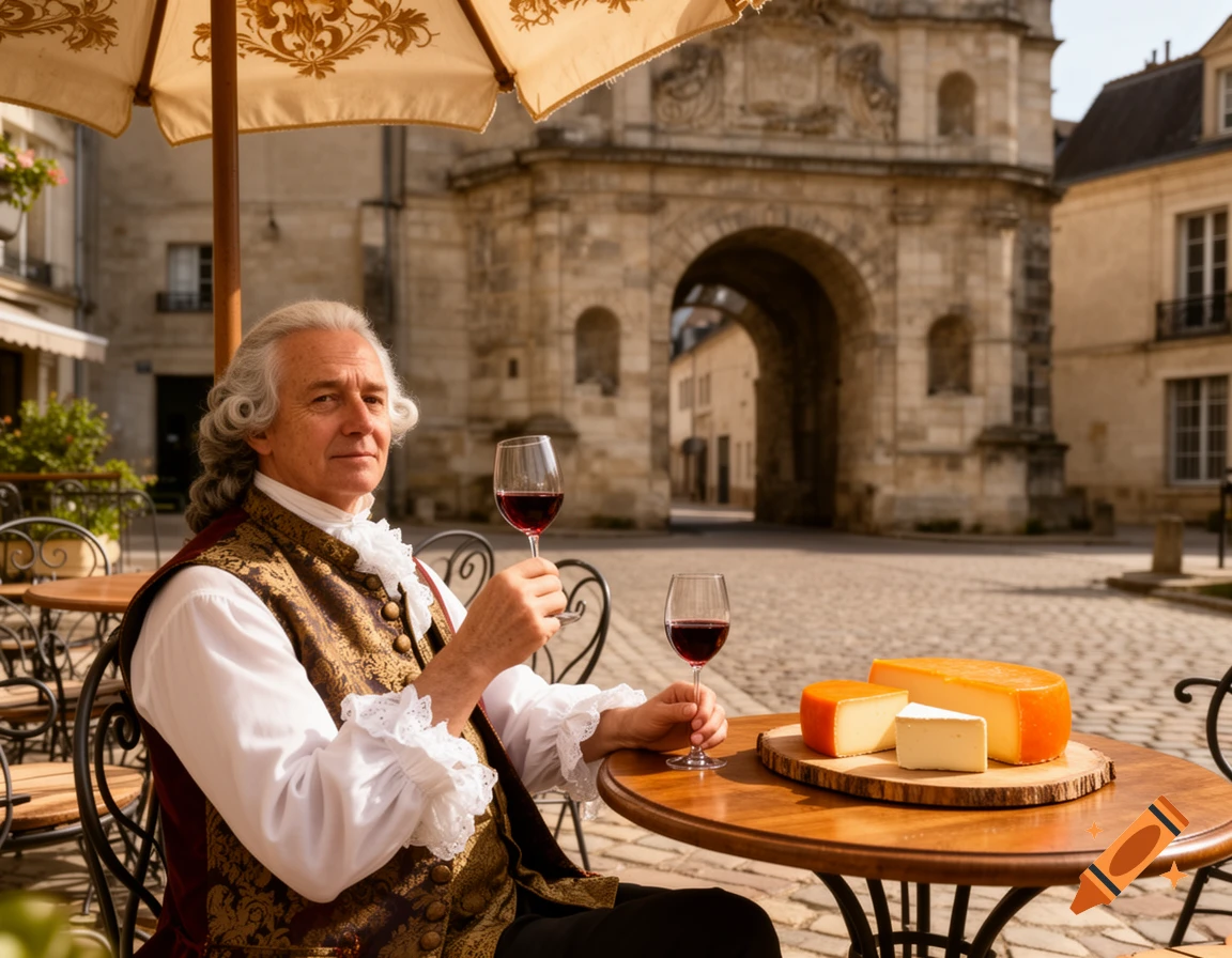 A man in 18th-century attire sits at an outdoor table with wine and cheese in a cobblestone square before a stone archway.