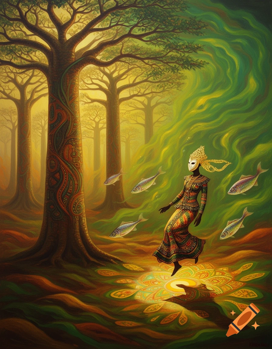 A masked figure in vibrant, patterned attire floats above a glowing mandala in a surreal forest with patterned trees, surrounded by flying fish.