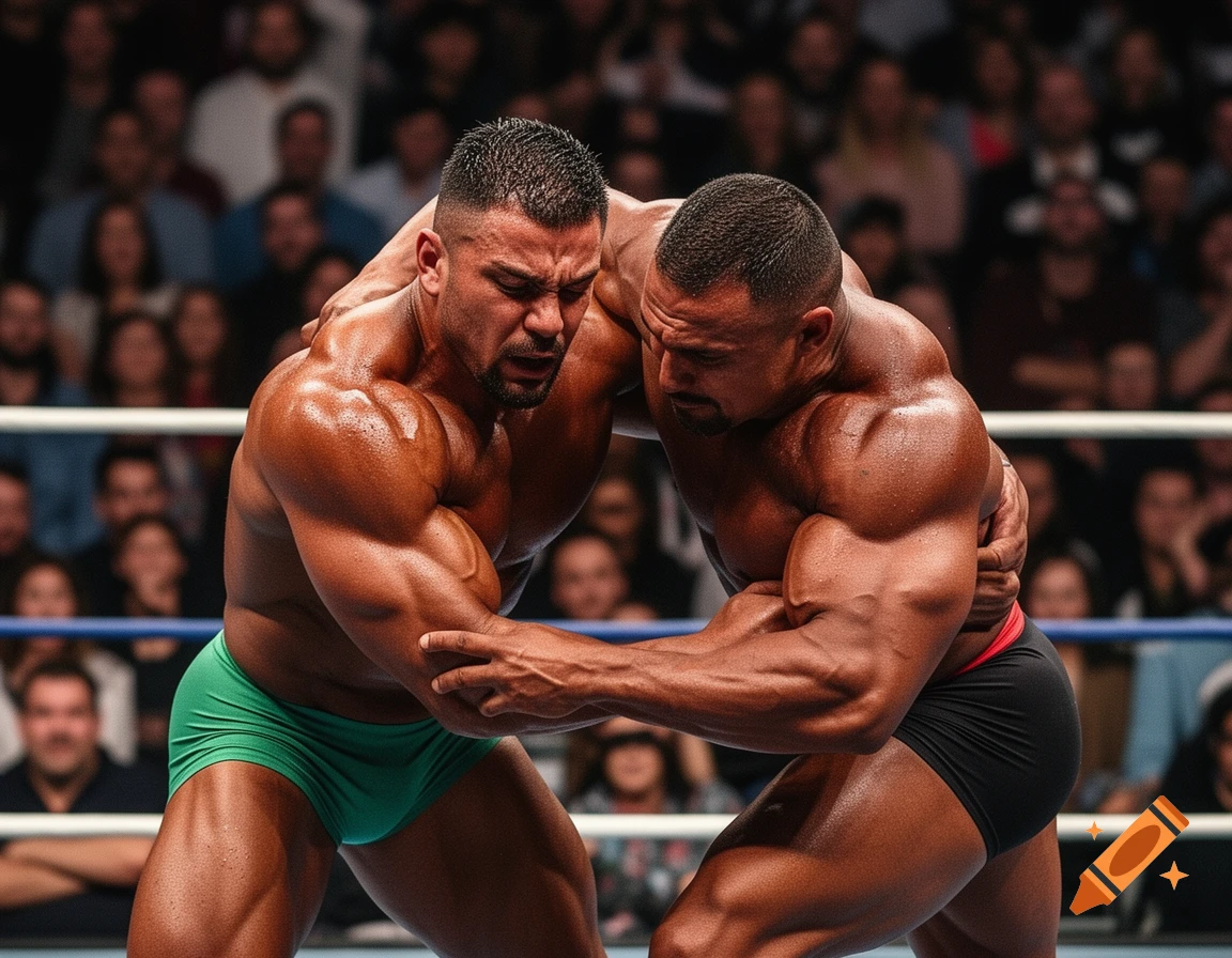 Two muscular bodybuilders grapple in a wrestling ring, with a blurred audience in the background.