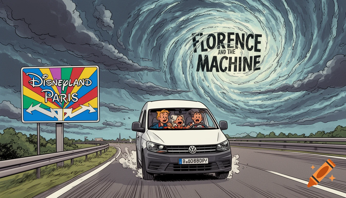 Cartoon VW Caddy with three people on a highway towards Disneyland Paris sign, under a stormy sky with 'Florence and the Machine' text.