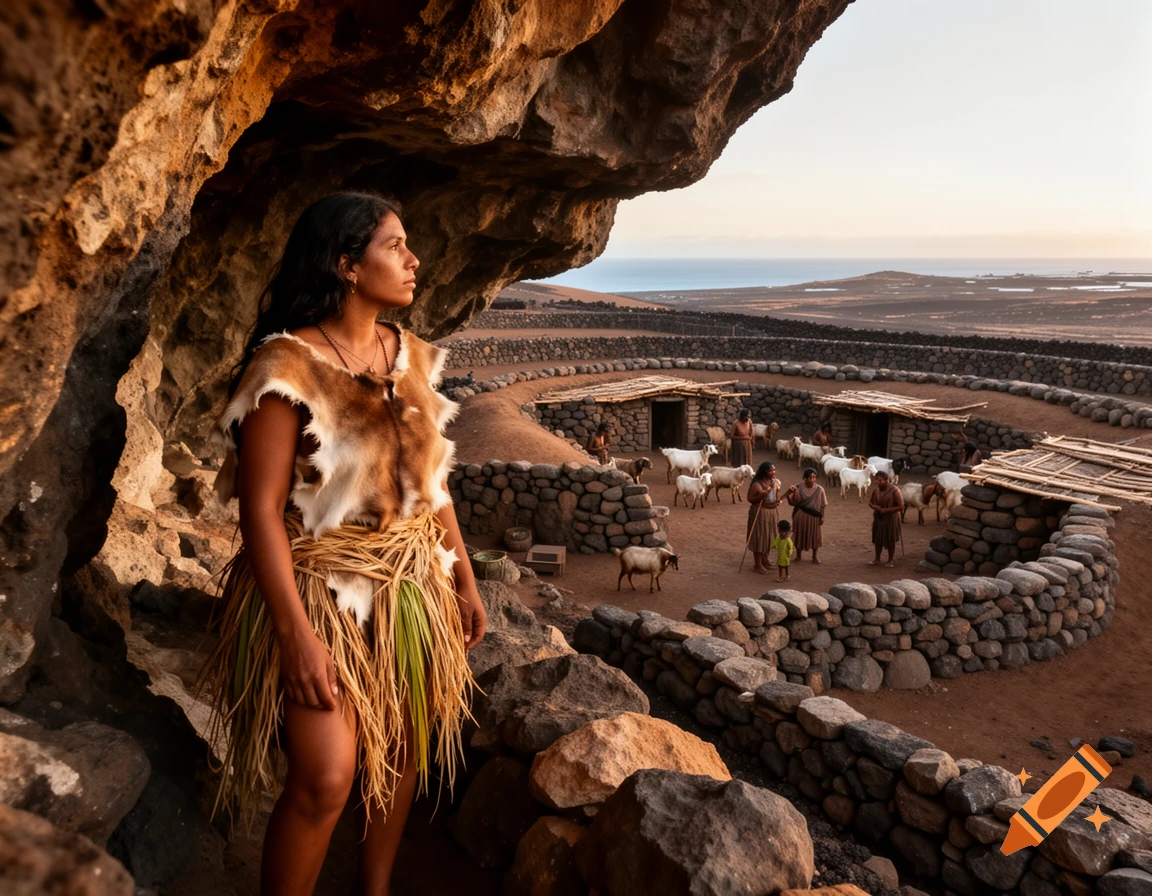 A woman in traditional attire overlooks an ancient stone village with people, goats, and a distant sea from a cave, photorealistic.