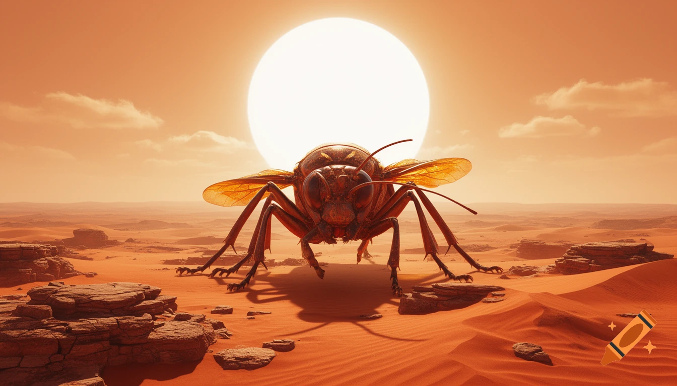 A giant wasp-like insect stands in an alien orange desert under a huge white sun, with rocky outcrops and sand dunes.