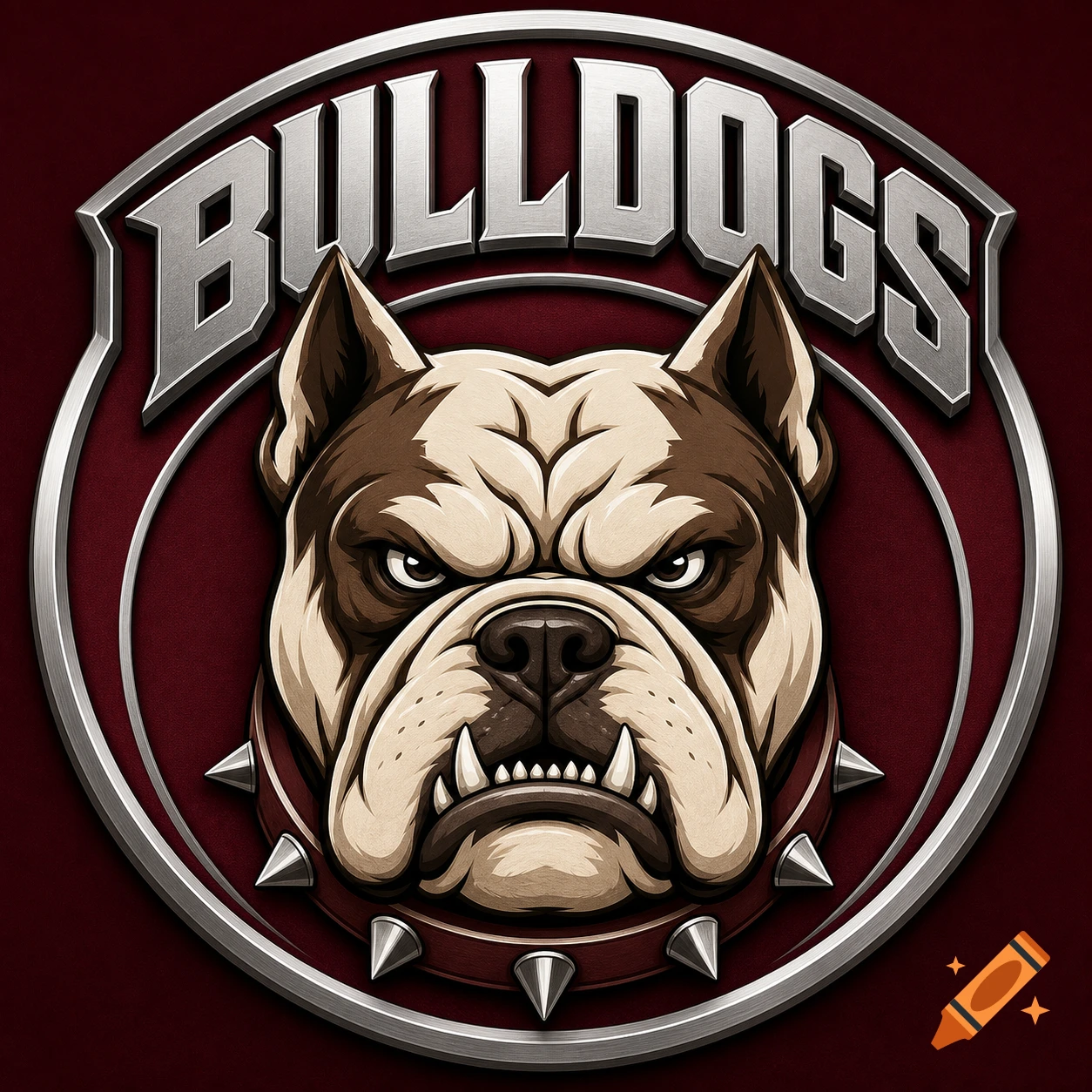 A metallic and maroon logo featuring an aggressive bulldog head wearing a spiked collar, with the word "BULLDOGS" above.