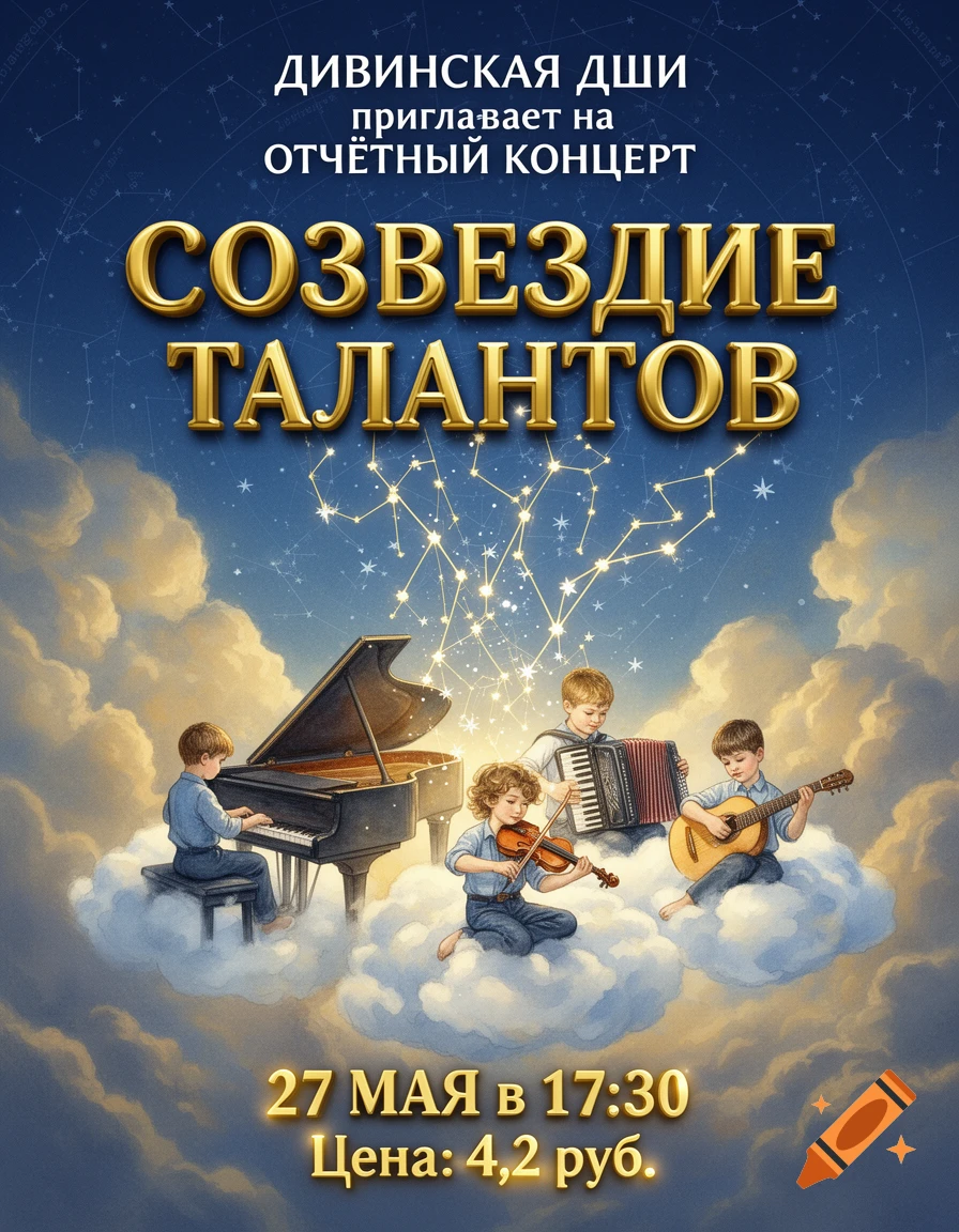 An illustrated concert poster with children playing piano, violin, accordion, and guitar on clouds in a starry sky. Gold text reads "Созвездие талантов" (Constellation of Talents).