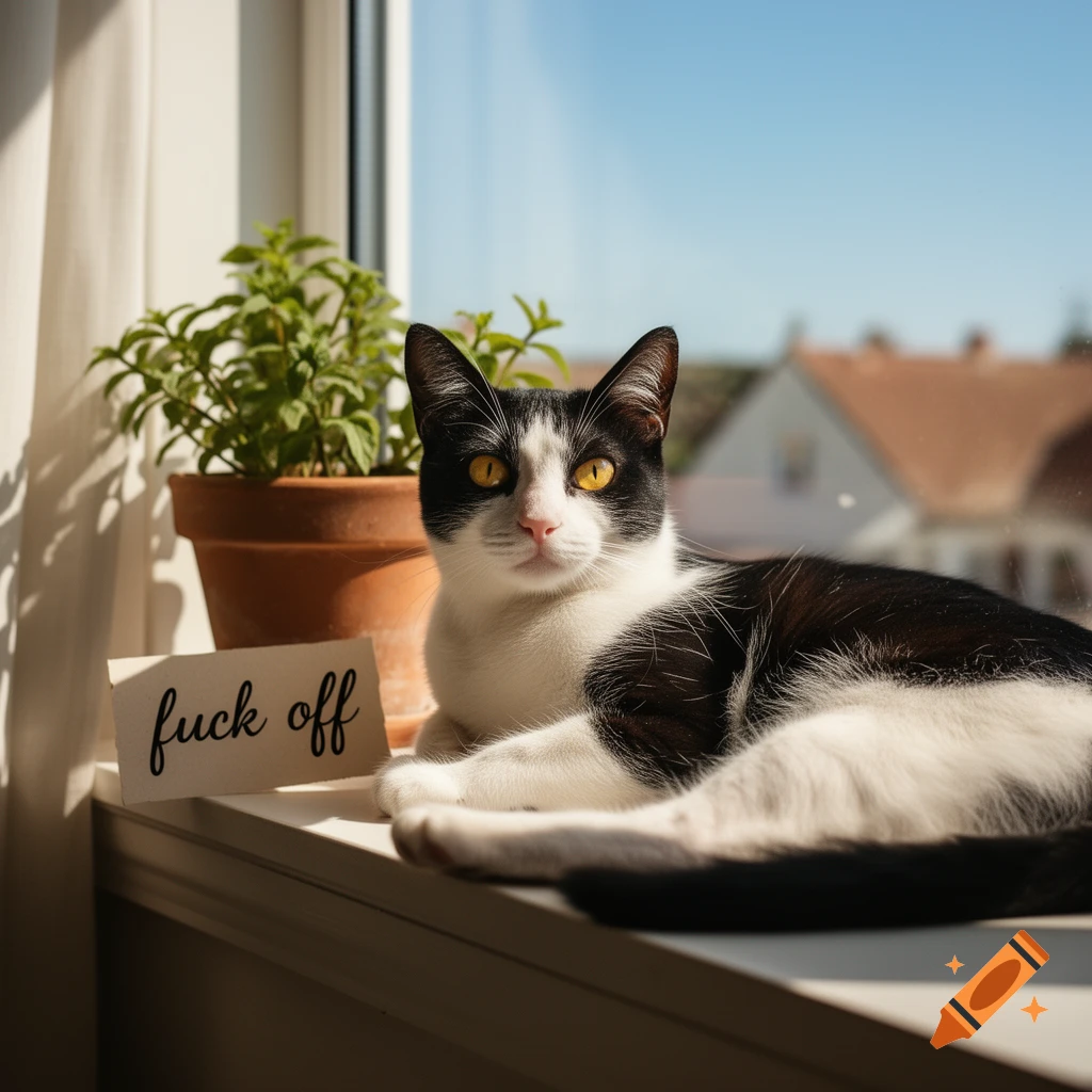 A black and white cat with yellow eyes lies on a sunny windowsill next to a potted plant and a card reading "fuck off".