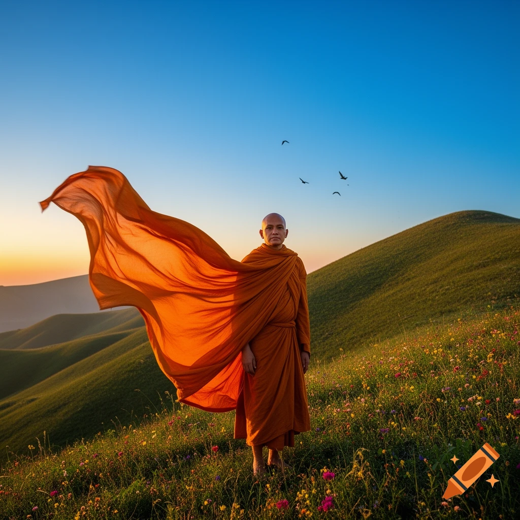 A bald monk in a flowing orange robe stands on a wildflower-dotted green hill at sunset, with a clear blue sky and rolling hills in the background. Photorealistic.