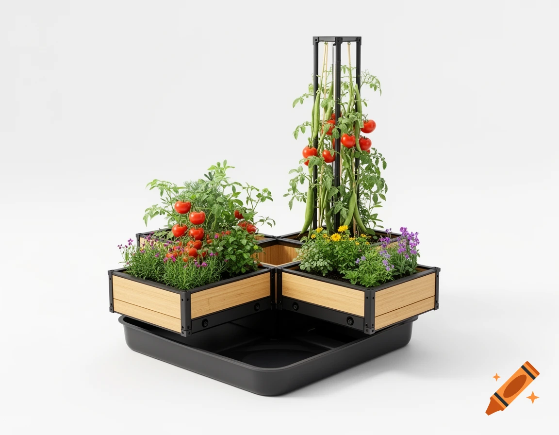 Photorealistic image of a modular raised garden bed in a cross layout with tomatoes, beans, herbs, and flowers on a white background.