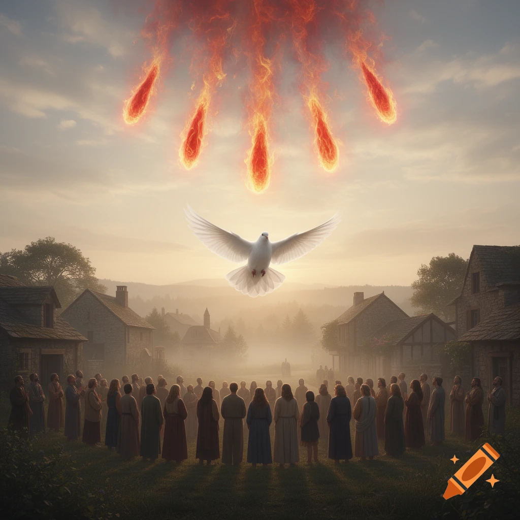 A white dove flies above a crowd of people in a village as fiery tongues descend from a sunset sky.