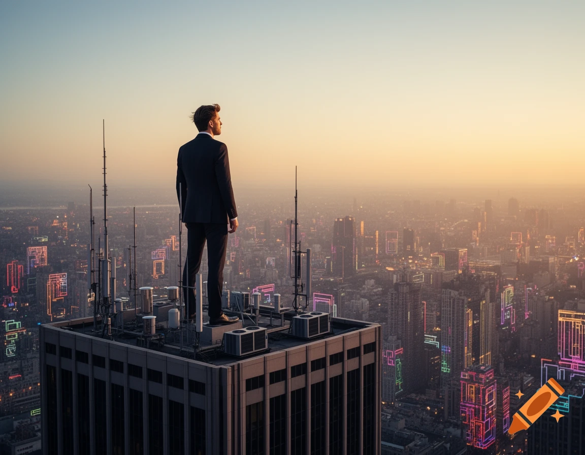 A man in a suit on a skyscraper rooftop gazes at a futuristic cityscape ...