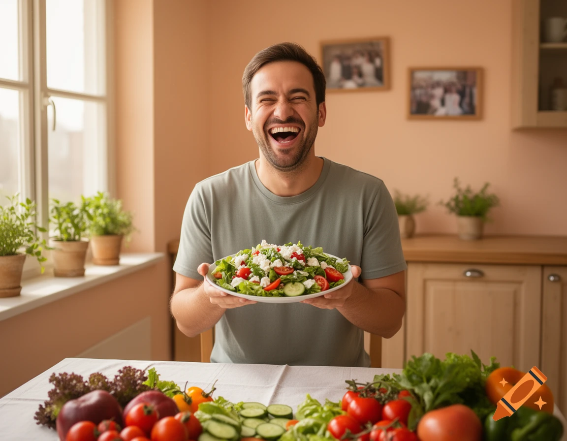 A laughing man holds a plate of salad in a kitchen, with fresh vegetables on the table.