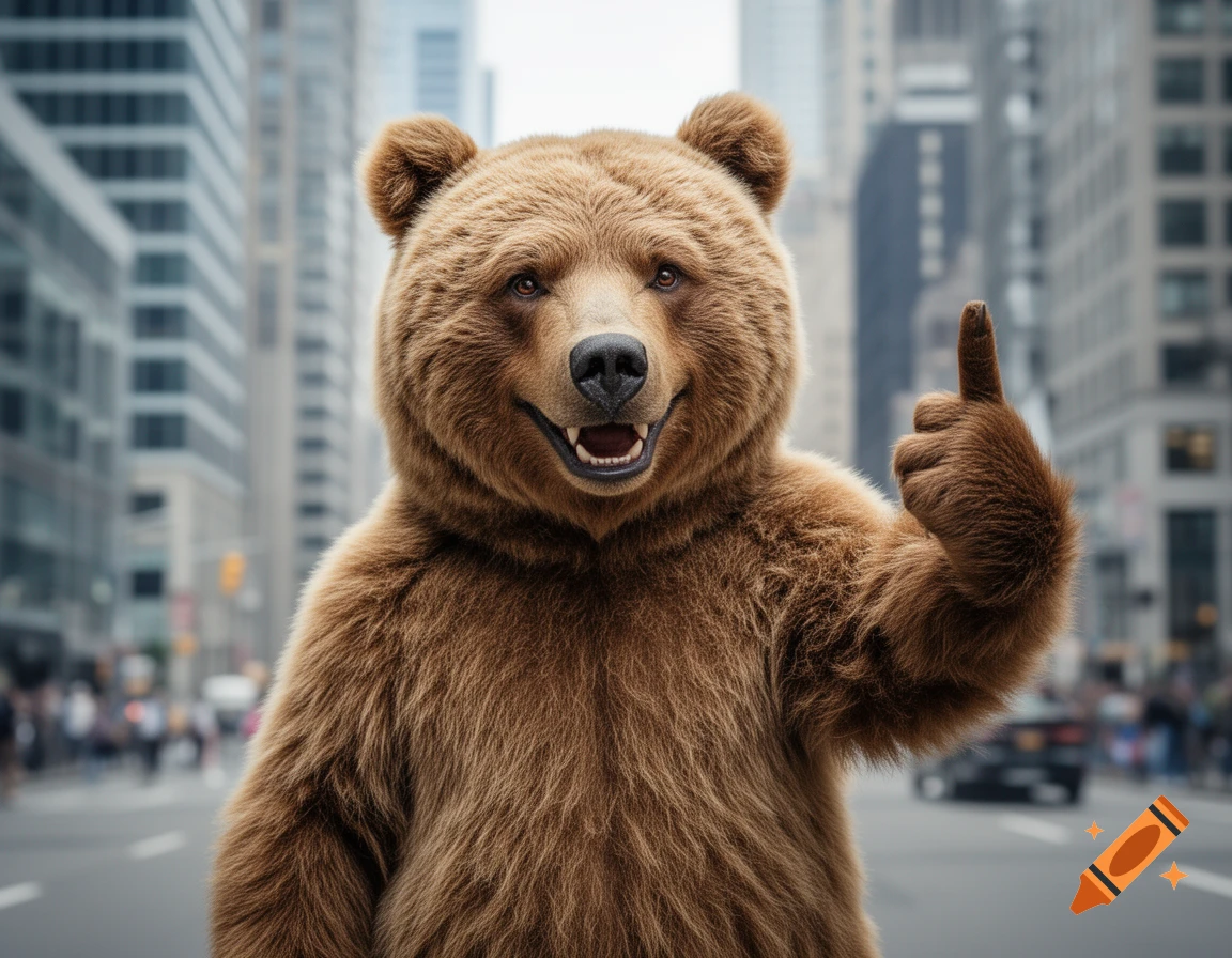 A smiling brown bear gives a thumbs-up gesture while standing in the middle of a city street with tall buildings in the background.