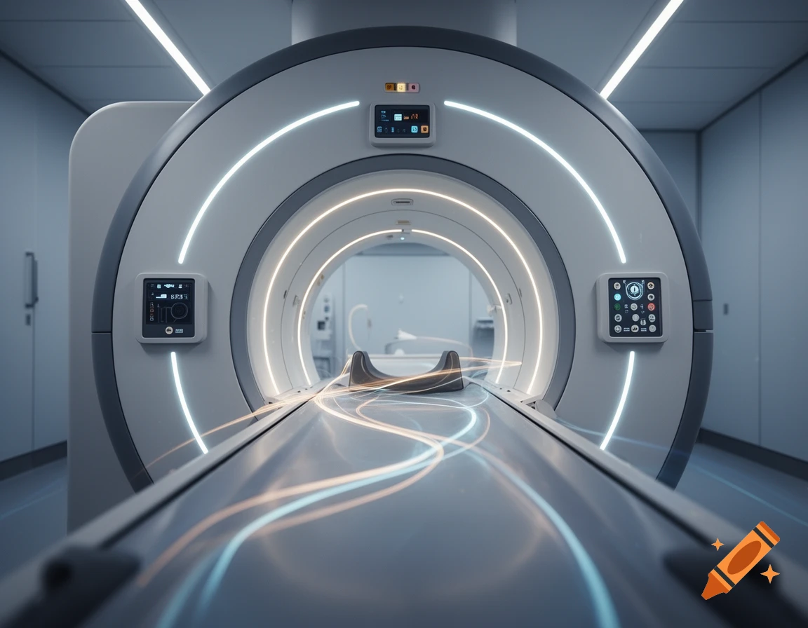 A modern, high-tech MRI machine with glowing white and orange light trails on the scanner table in a sterile medical room.