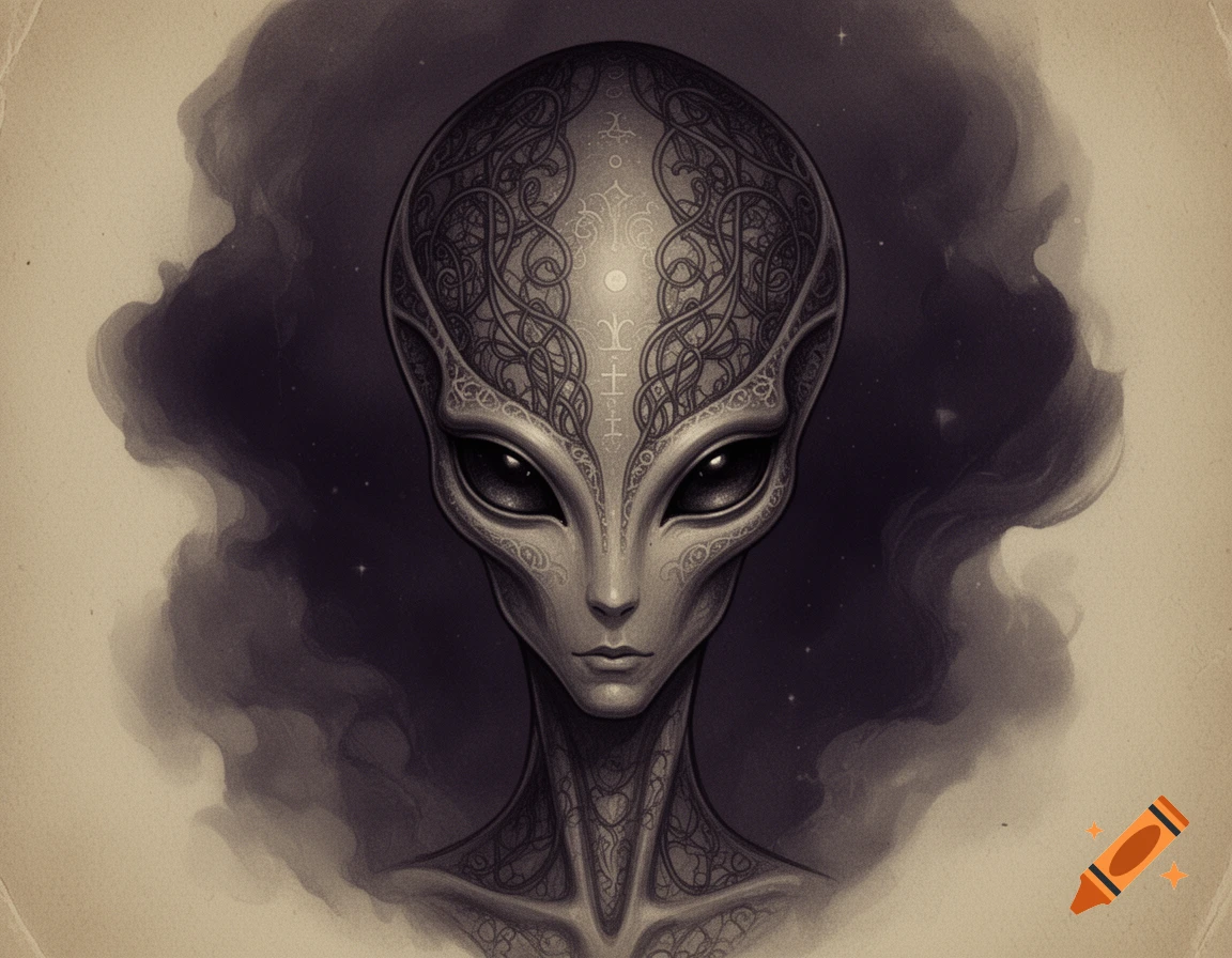 A detailed 2D vintage illustration of a gothic alien head with intricate patterns on its skin against a smoky background.