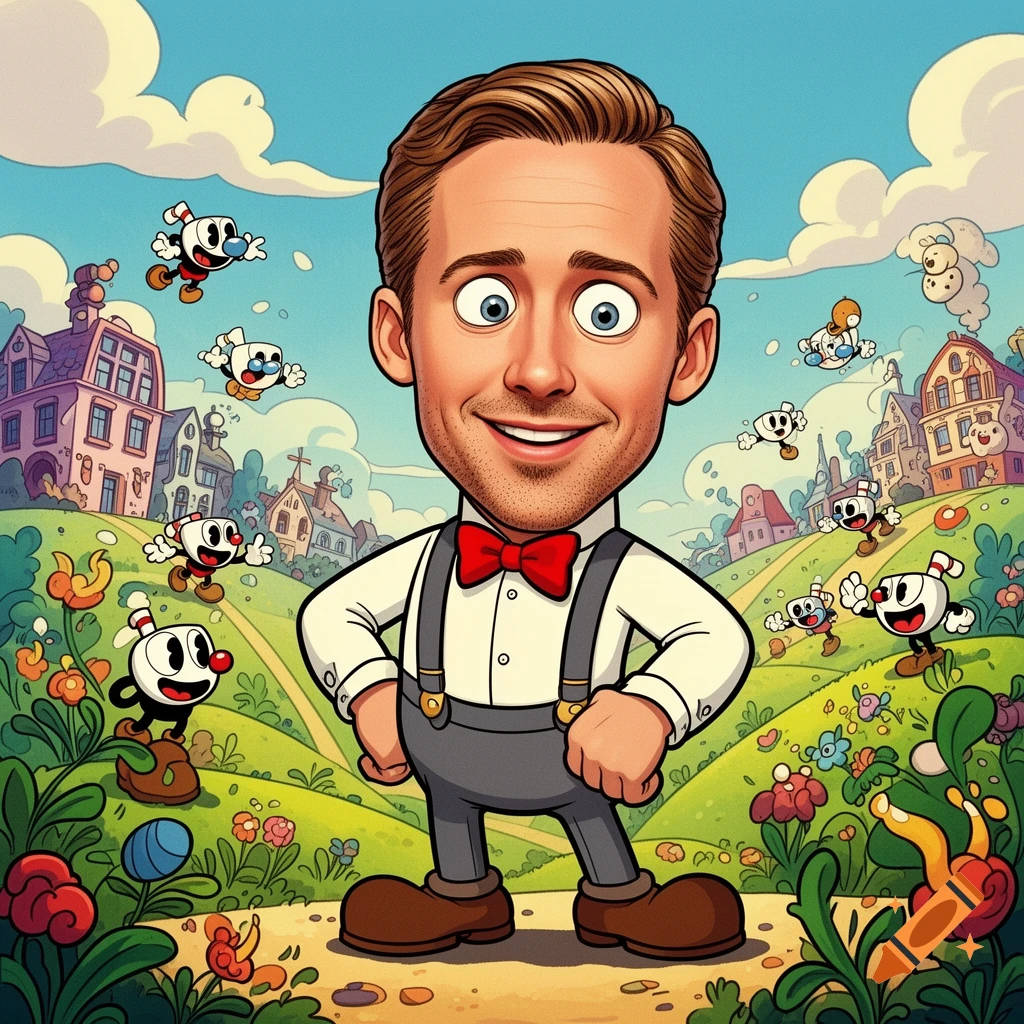 Cartoon Ryan Gosling in Cuphead style, smiling in a vibrant whimsical landscape surrounded by Cuphead characters.