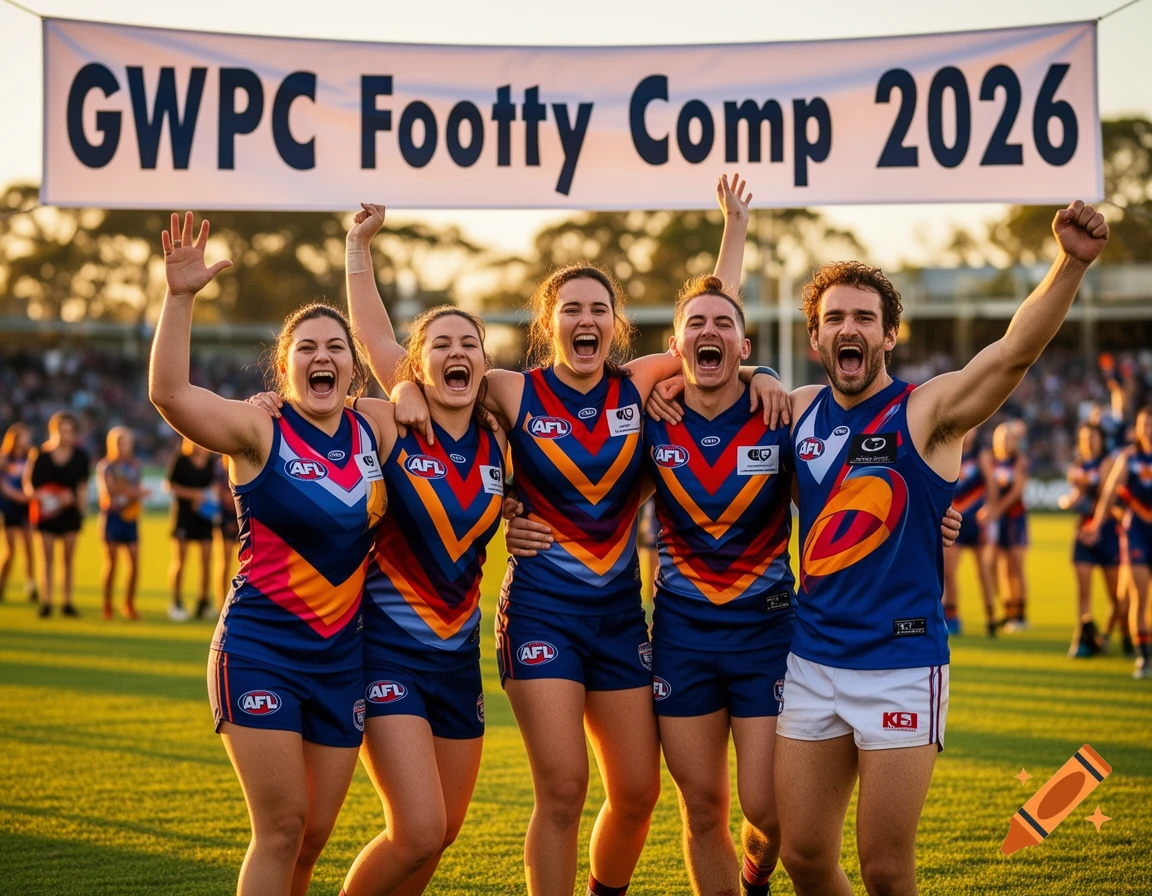 Five excited football players, both male and female, celebrate a win under a banner reading 'GWPC Footy Comp 2026' on a sunny field.
