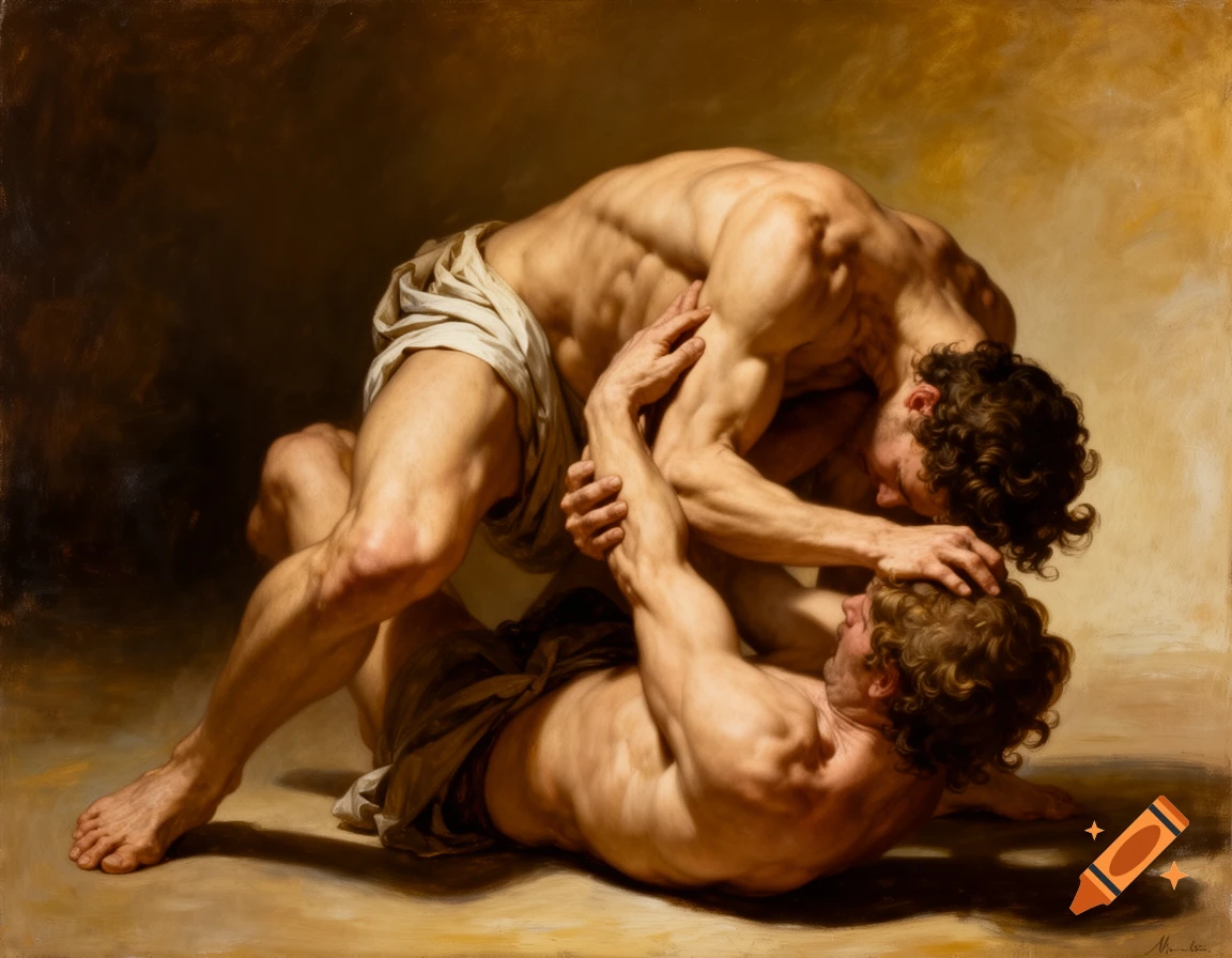 Oil painting of two muscular men grappling, one performing a headscissors hold, in a classical art style.