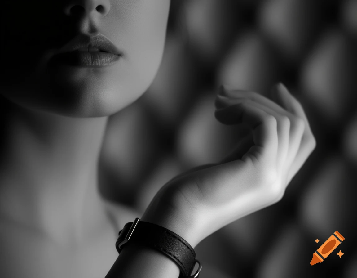 Close-up black and white portrait of a woman's lower face, neck, and hand, wearing a dark leather wrist strap.