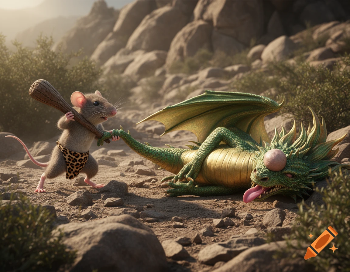 A small mouse in a leopard loincloth holds a club and drags an unconscious green and gold dragon by its tail through a rocky landscape.