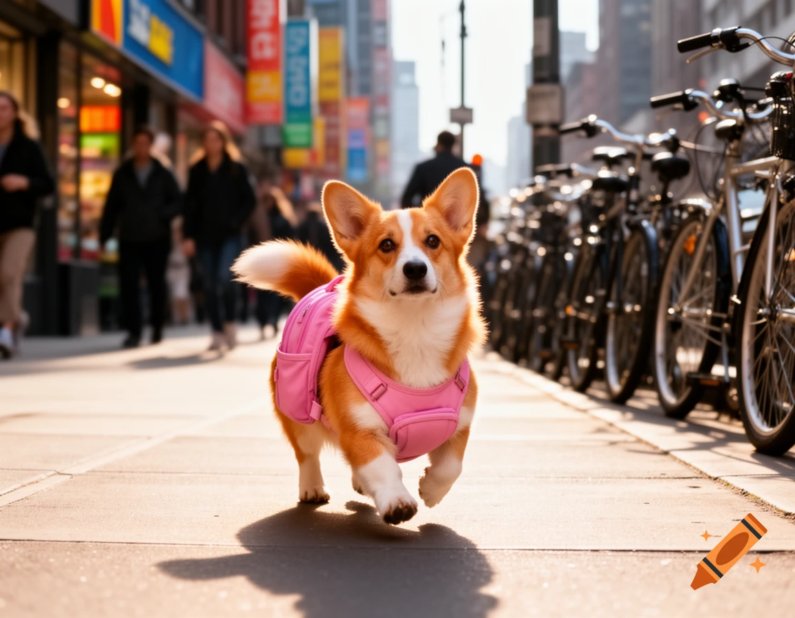 A cute orange and white corgi wearing a pink backpack walks down a sunny city sidewalk past bicycles and blurred storefronts.