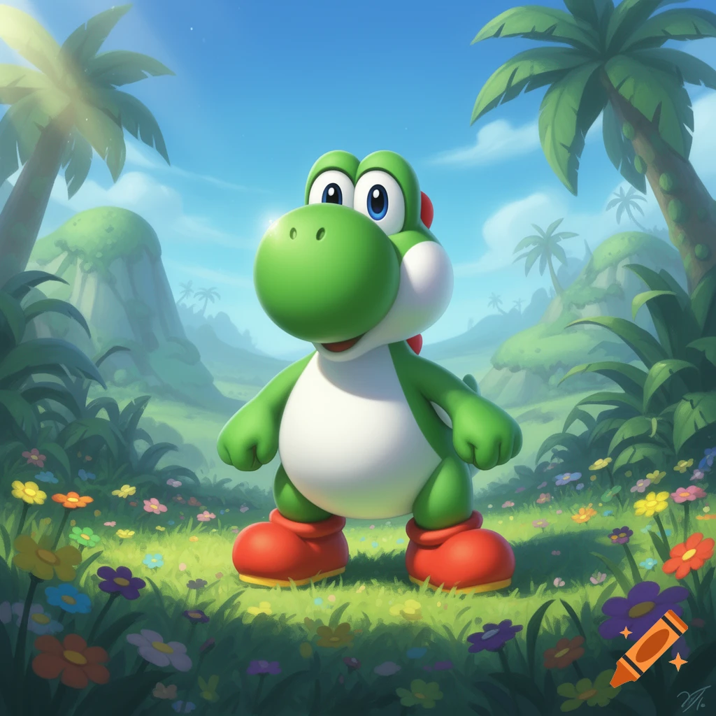 Yoshi, a green dinosaur with a white belly and red shoes, stands in a lush, vibrant jungle clearing filled with colorful flowers under a bright blue sky.