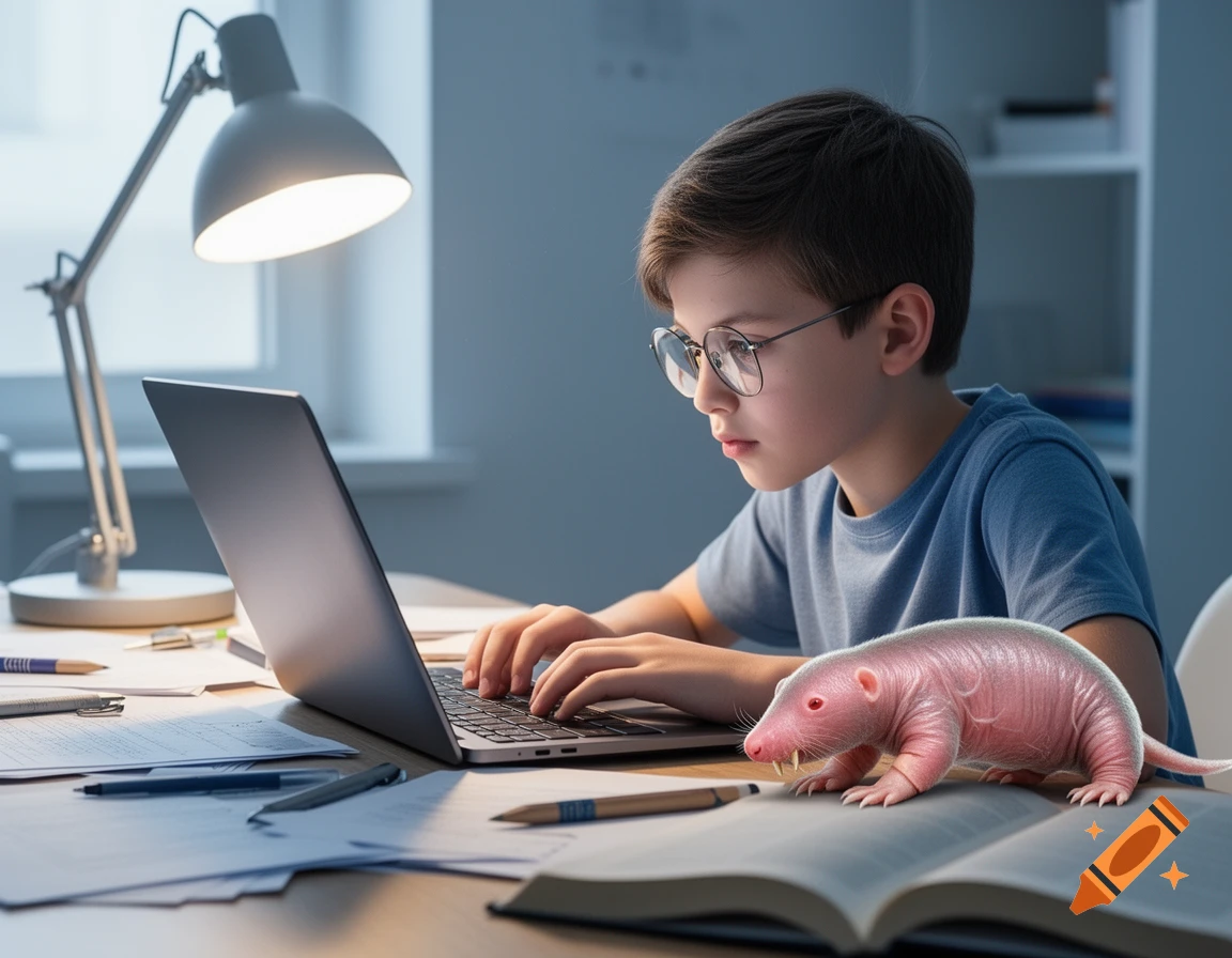 A young boy wearing glasses types on a laptop at a desk, while a pink naked mole rat sits on an open book beside him.