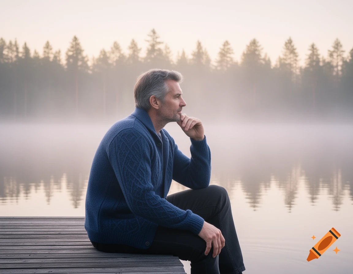 A man with gray hair sits thoughtfully on a wooden dock, gazing at a misty lake with a forest background at dawn.