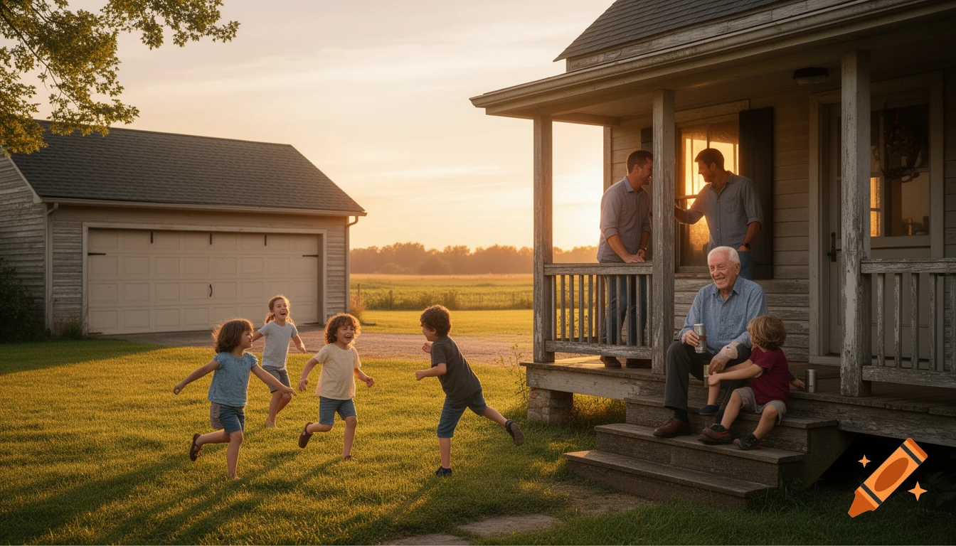 Photorealistic scene of a multigenerational family gathering at golden hour; an old man and two sons on a porch, kids playing in the yard.