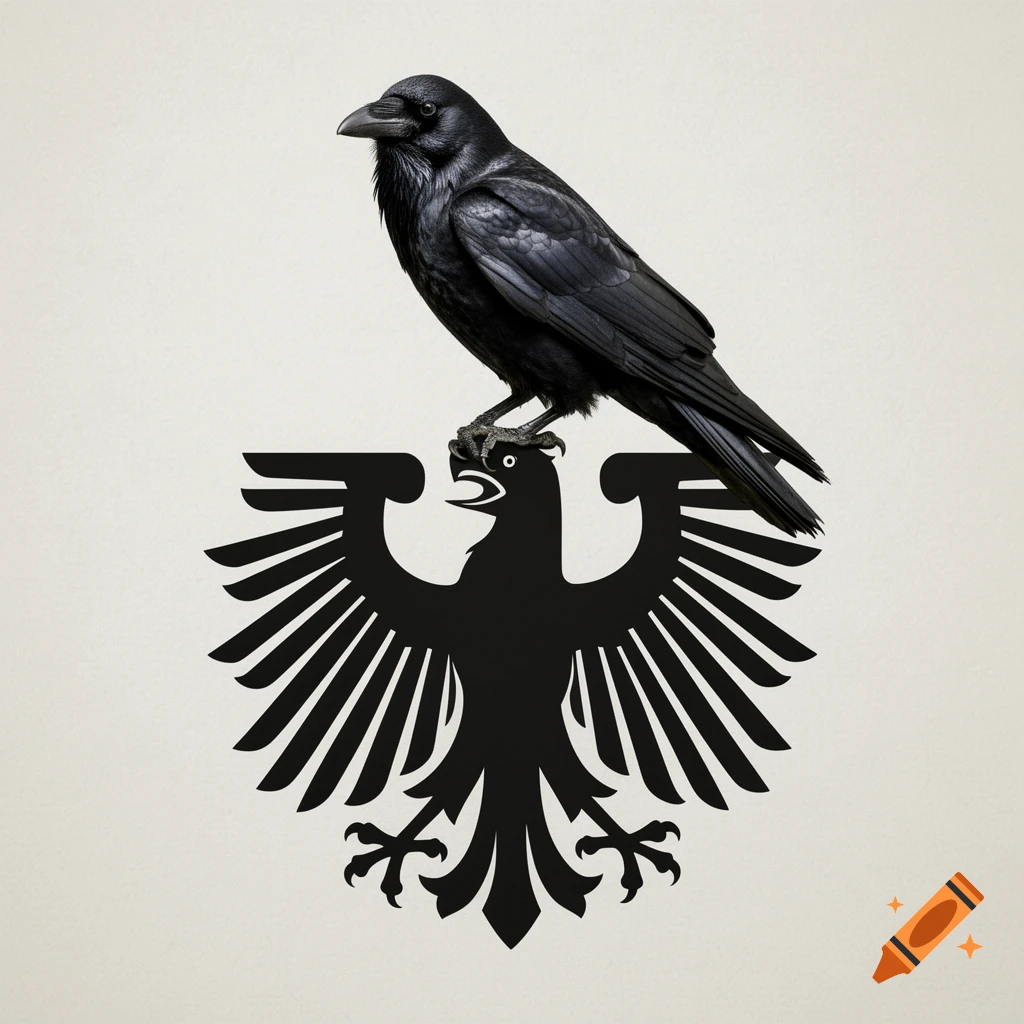 A realistic black raven perches on a black silhouette of the German federal eagle on a light background.