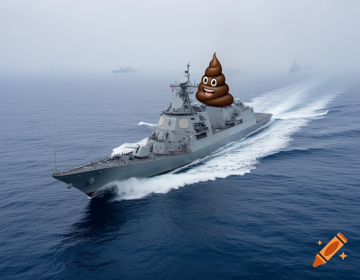 A grey military destroyer sails through foggy waters with a smiling brown poop emoji replacing its bridge.