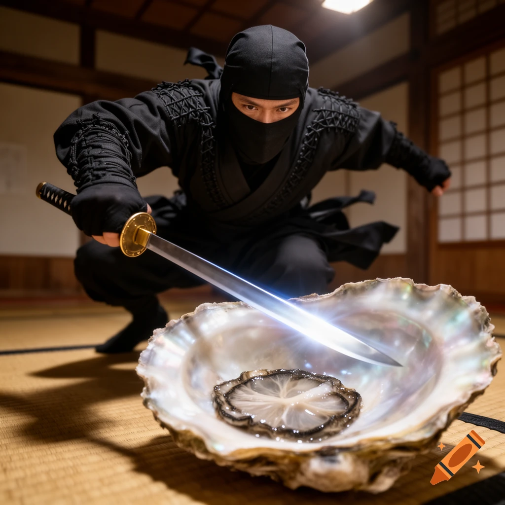 A ninja in a black suit crouches, holding a glowing katana blade over an ornate clam in a traditional Japanese room, photorealistic.
