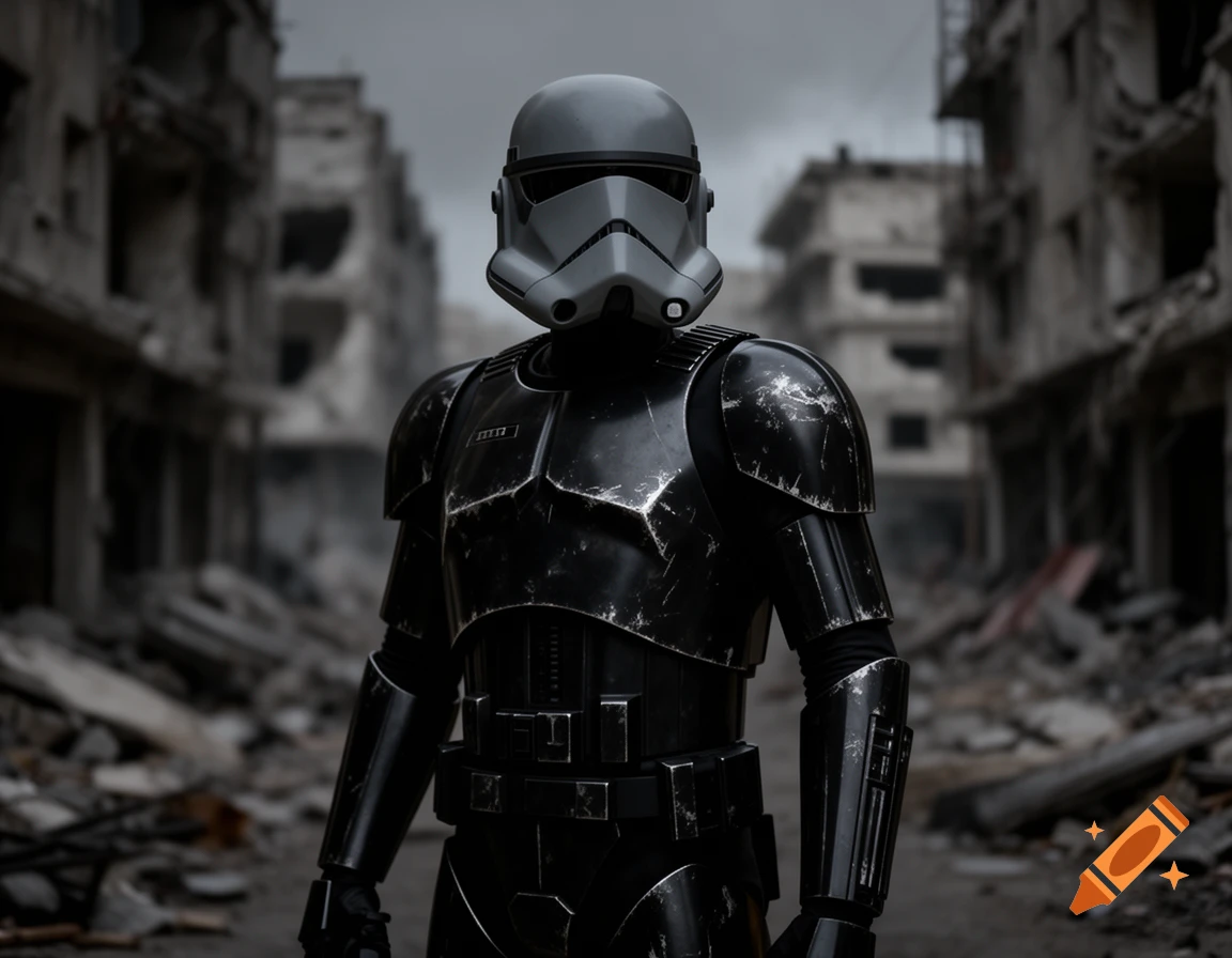 A grim, weathered black and grey armored ARC Trooper stands amidst the rubble of a ruined city street, looking forward. Photorealistic.