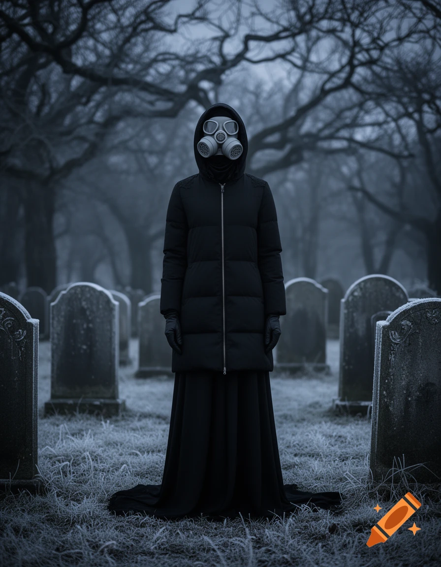 A mysterious figure in a black hooded coat and gas mask stands in a foggy, frosty gothic graveyard.