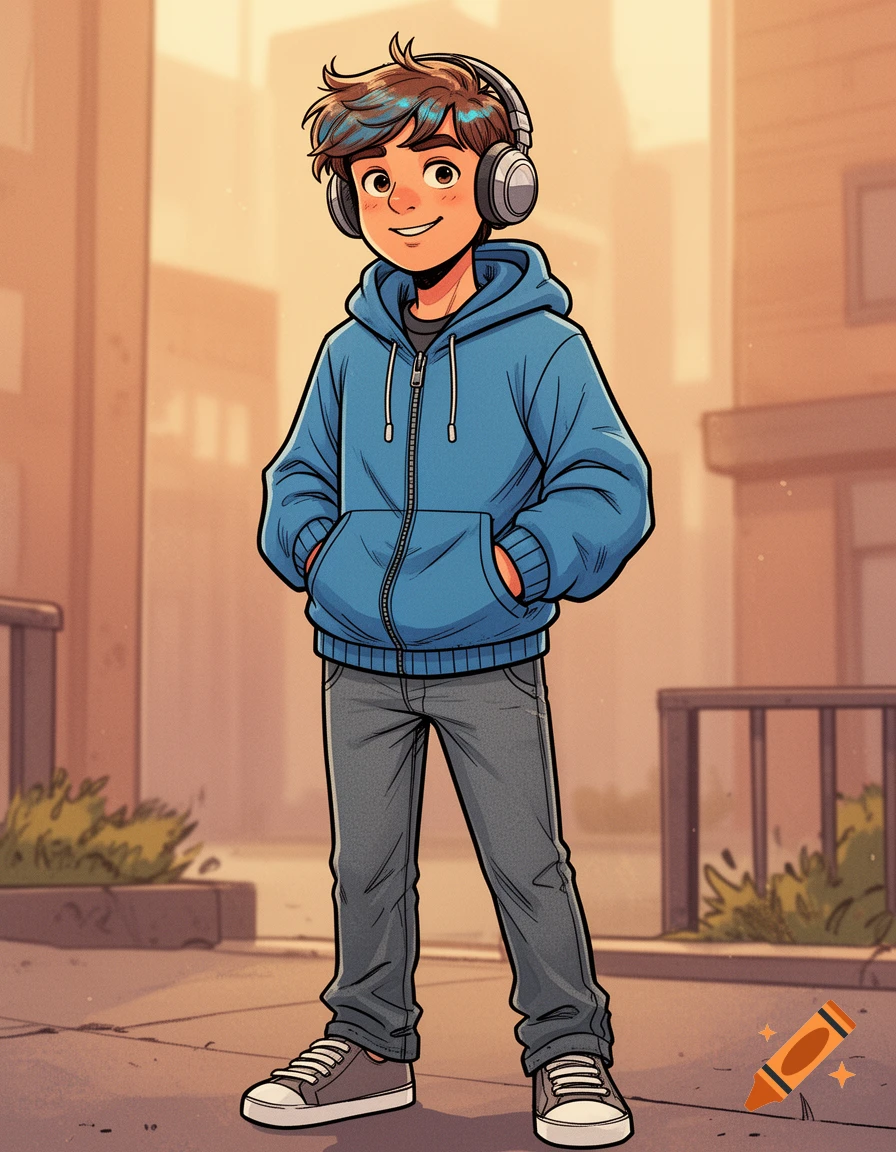 A stylized comic illustration of a smiling teenage boy with headphones, wearing a blue hoodie and jeans, hands in pockets, standing on a street.