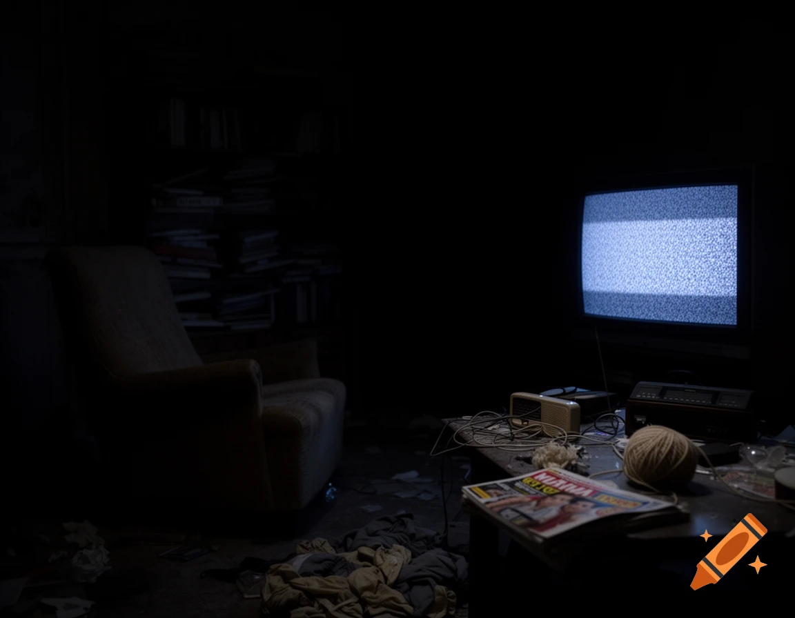 A very dark living room or study illuminated by the static glow of an old CRT television, showing a messy table with a magazine, yarn, and gadgets.