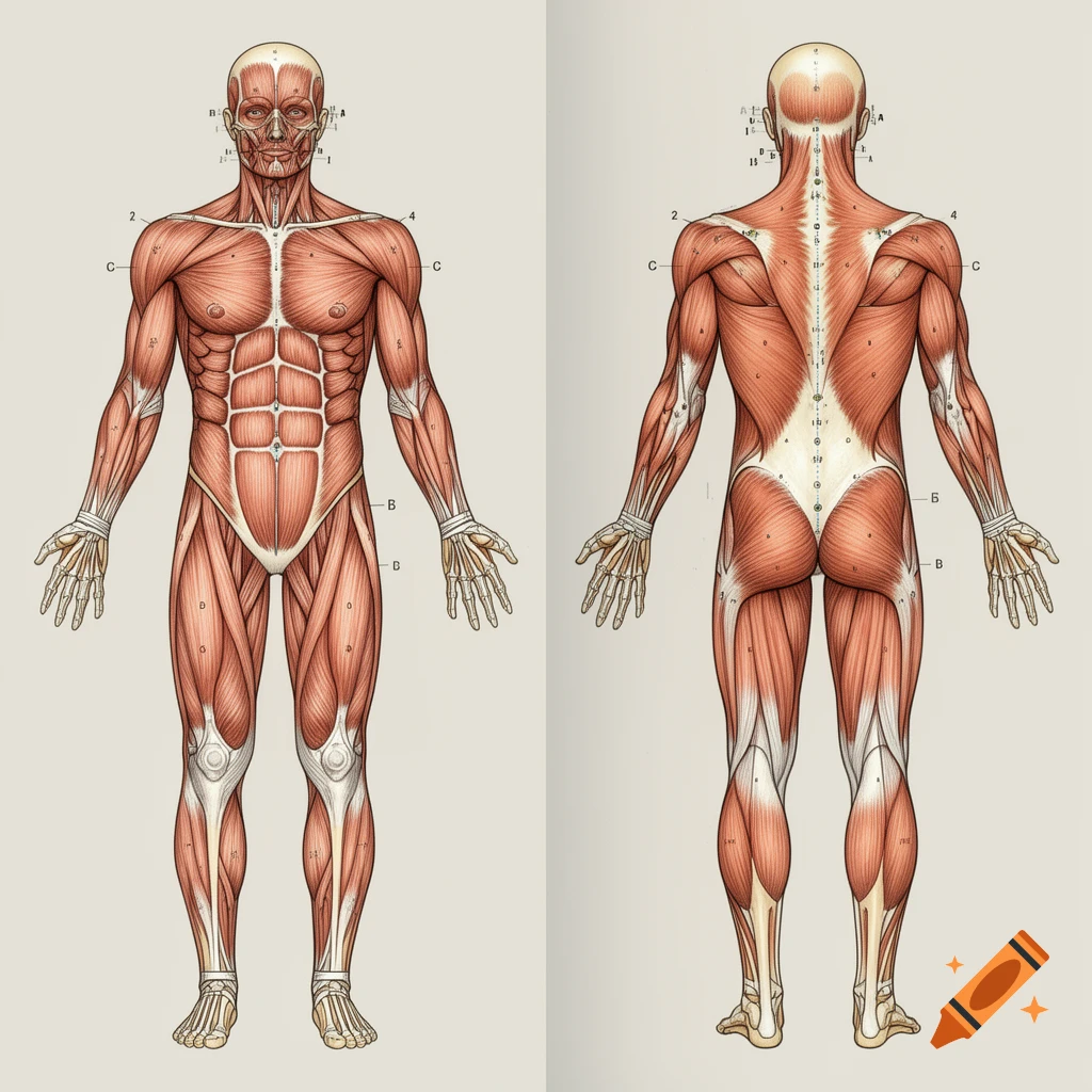 Anatomical illustration of the human muscular system, showing frontal and rear views with labeled muscles and bones.