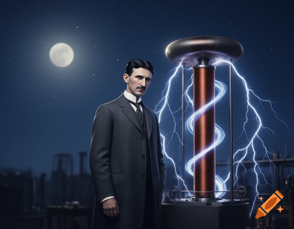 Photorealistic image of Nikola Tesla standing next to a crackling Tesla coil under a full moon at night.
