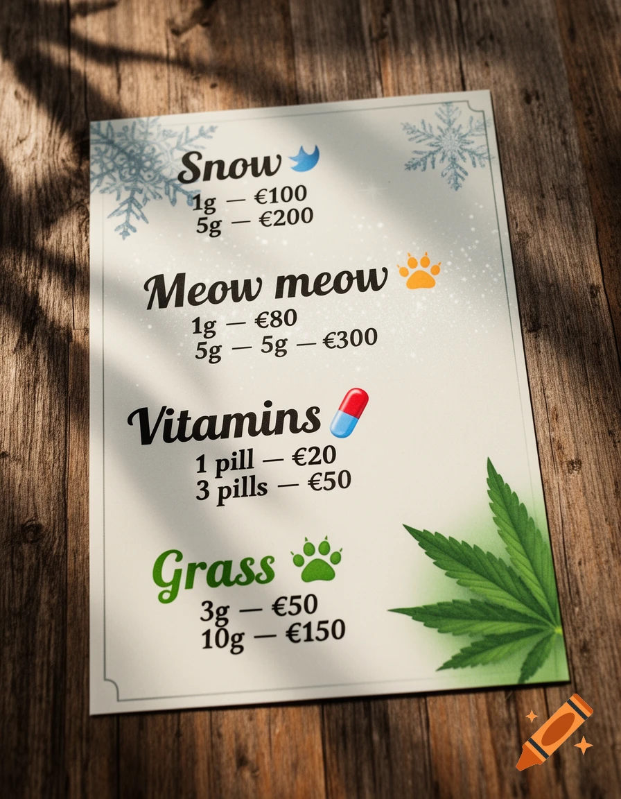 A photorealistic image of a menu on a wooden table, listing items like "Snow," "Meow meow," "Vitamins," and "Grass" with prices.