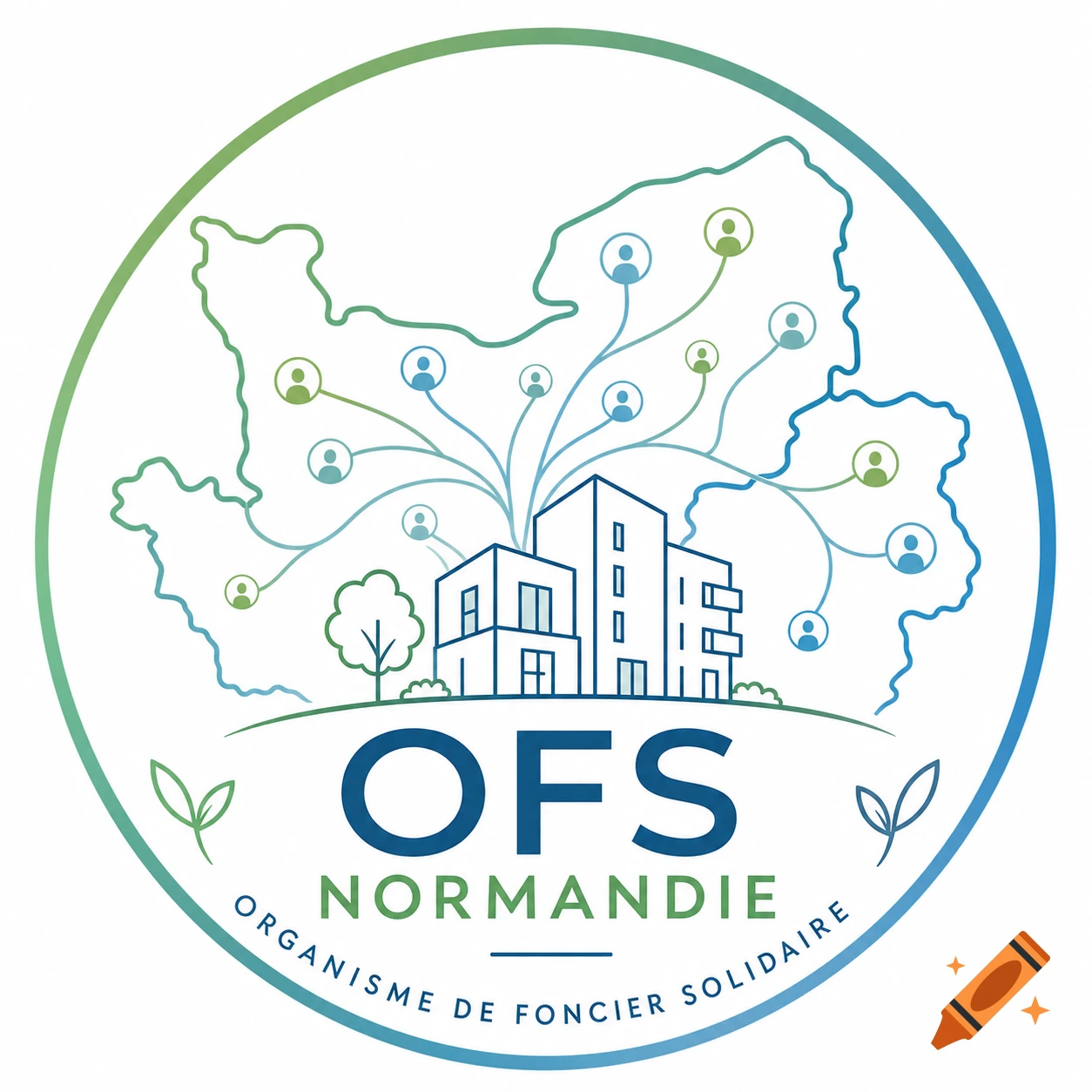 A circular logo featuring a map of Normandy, buildings, and people icons representing a network, with the text 'OFS NORMANDIE ORGANISME DE FONCIER SOLIDAIRE'.