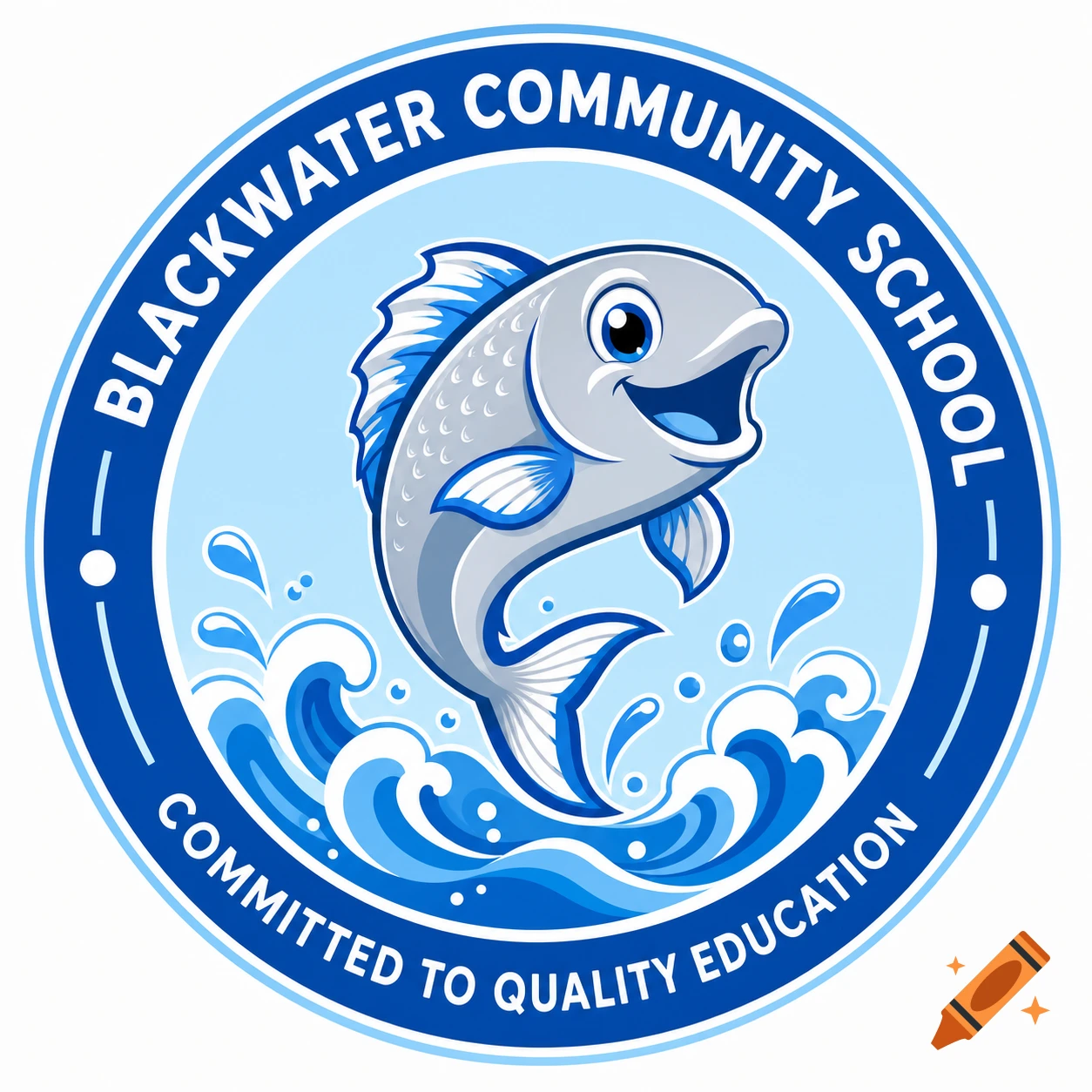 A circular school logo featuring a happy cartoon fish leaping from blue waves, with text "BLACKWATER COMMUNITY SCHOOL" and "COMMITTED TO QUALITY EDUCATION".