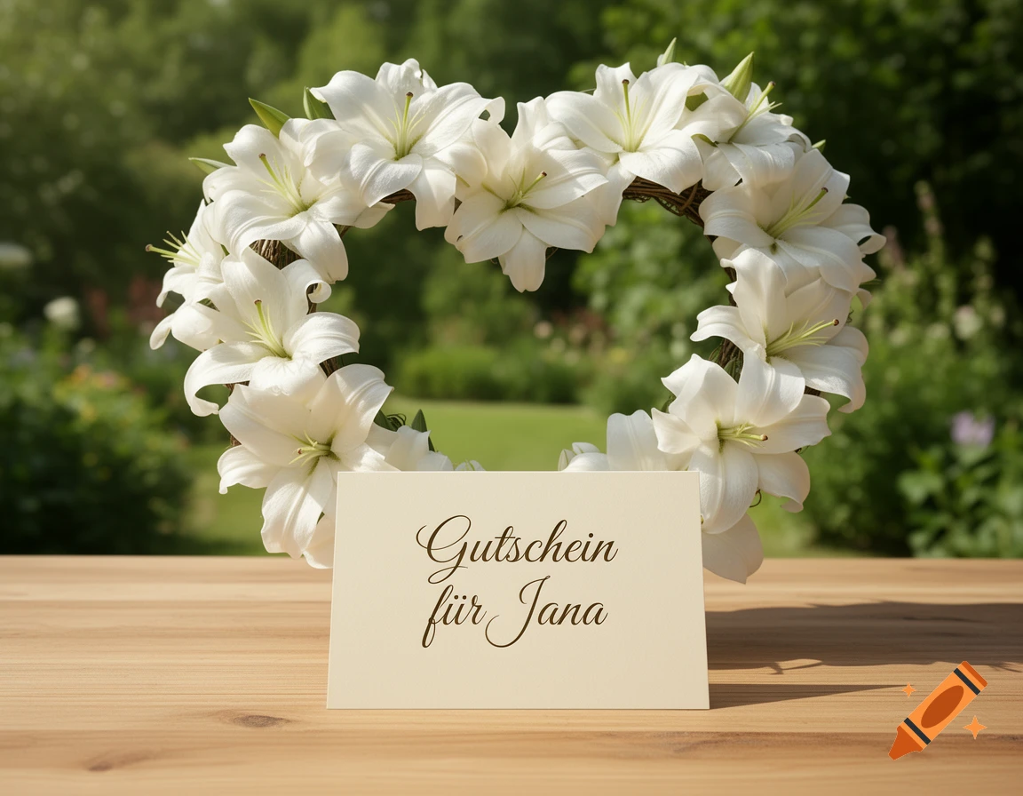 A white lily wreath on a wooden table with a card that reads 'Gutschein f r Jana' in a sunny garden.