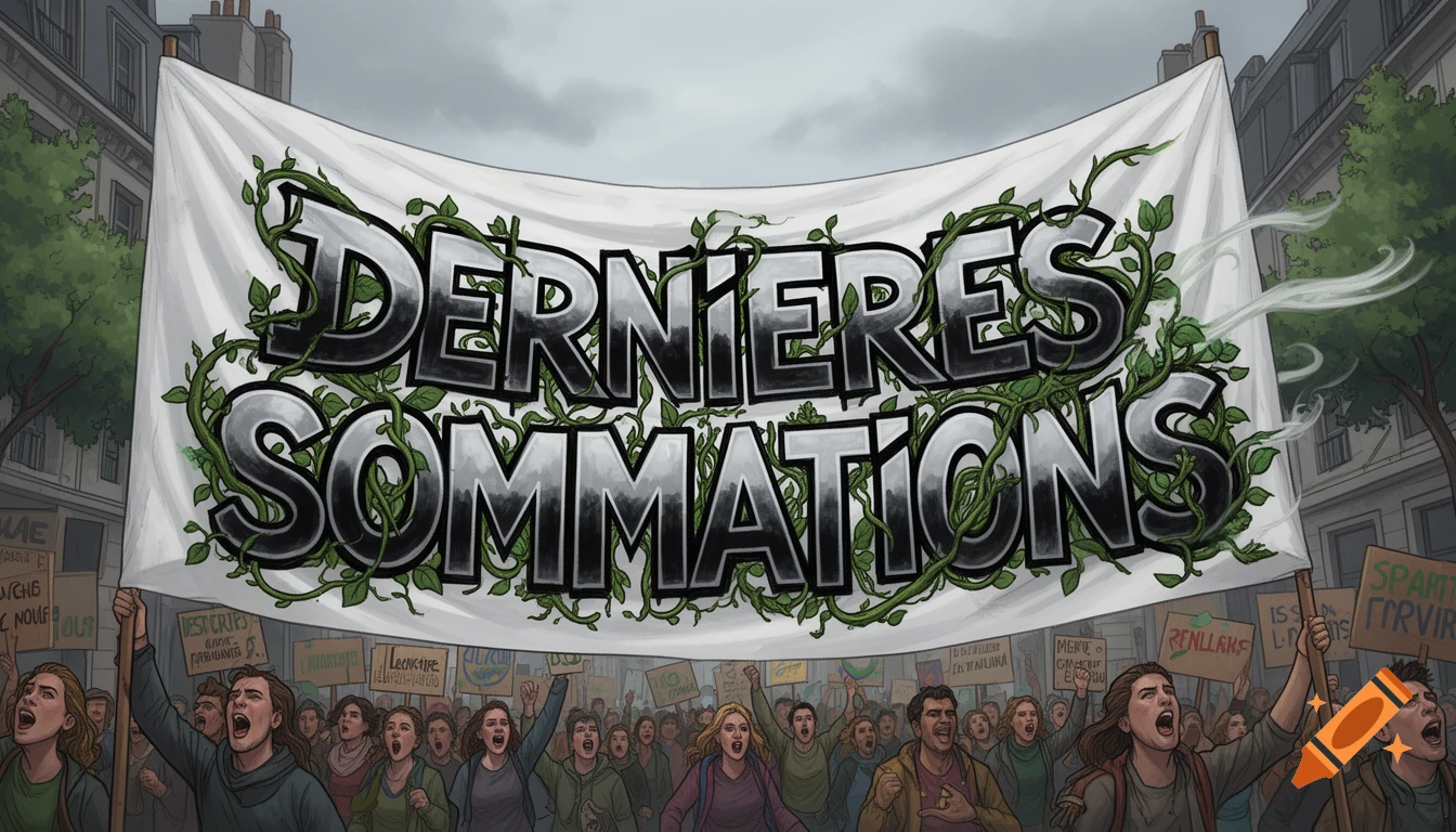 A large banner reading "DERNIERES SOMMATIONS" with green vines, held by an angry crowd of protestors in a city street, in an illustration style.