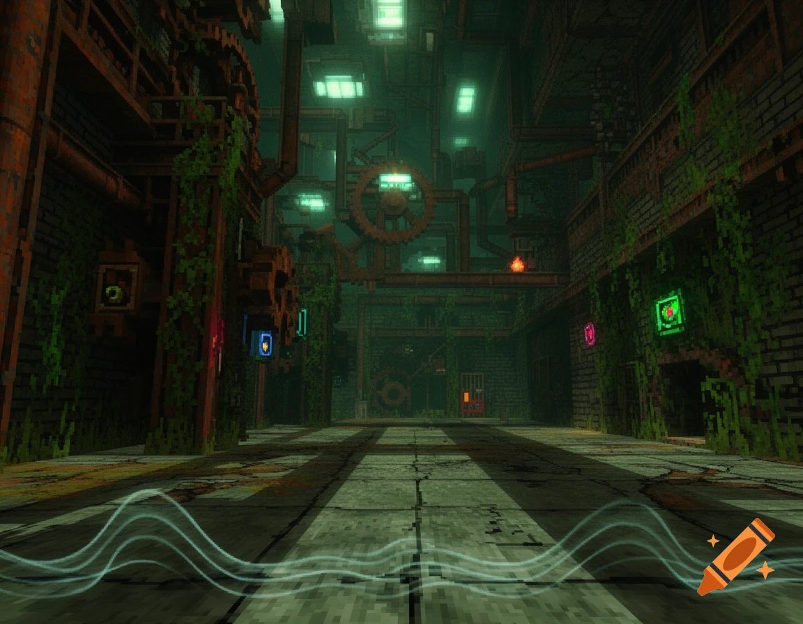 A pixelated, dimly lit old industrial hallway with rusty machinery, pipes, and green vines, resembling a retro video game level.