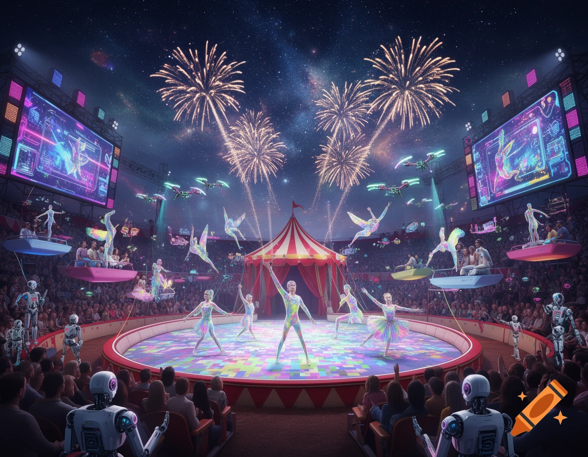 A grand futuristic digital circus under a starry sky, with acrobats, robots, drones, and fireworks over a colorful arena.
