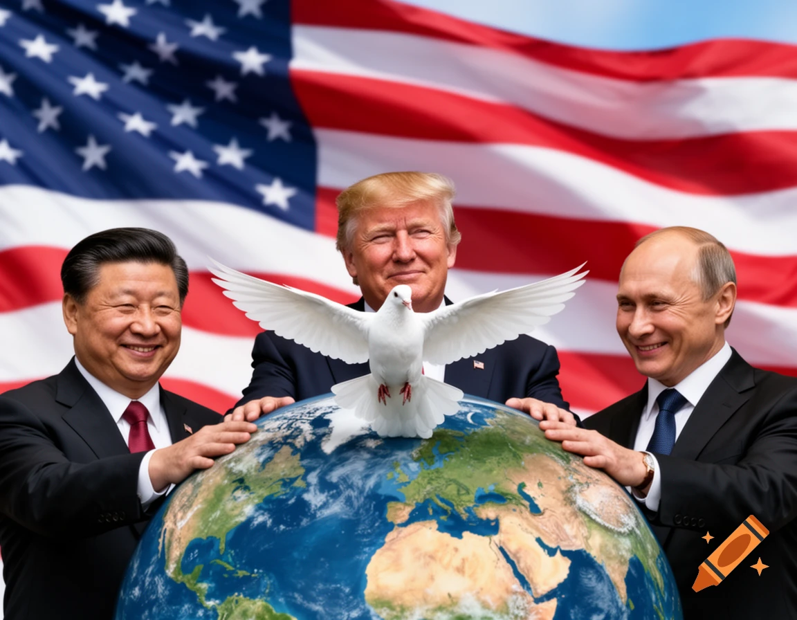 Xi Jinping, Donald Trump, and Vladimir Putin with their hands on a globe with a peace dove, against an American flag.