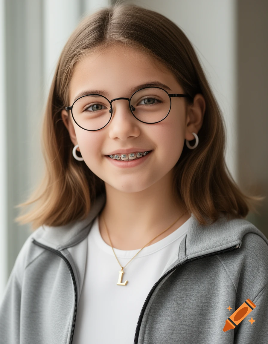 Photorealistic portrait of a young girl with light brown hair, glasses, braces, and an 'L' necklace.